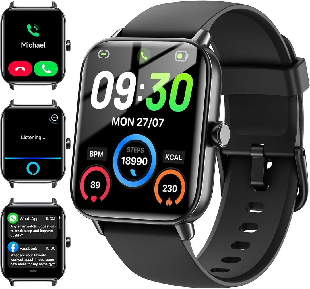 Smart Watches for Men Women Android & iPhone, Alexa Built-in, 1.8" Fitness Tracker with Answer/Make Calls, IP68 Waterproof Fitness Watch,Heart Rate, Sleep, SpO2 Monitor,Pedometer, Black