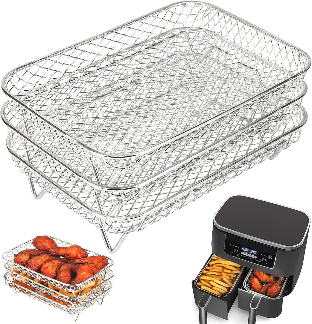 BYKITCHEN Air Fryer Rack for Ninja Dual Airfryer, 3pcs Stackable Stainless Steel Dehydrator Rack, Rectangle Double Air Fryer Accessories, Ninja Dual Airfryer Accessories (7.5*5.1*3.5in-3 layer rack)