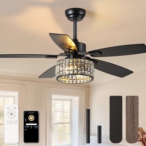 Esiovco Chandelier Ceiling Fans with Lights and Remote,Caged Ceiling Fan with Light,App 5 Blades E26 Fandelier Ceiling Fans with Lights,Crystal Ceiling Fan for Bedroom,Living Room. (Black, 52 Inch)