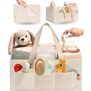 Baby Diaper Caddy Organizer with Portable Changing Mat - Teddy Fleece Diaper Organizer for Changing Table - Basket for Changing Essentials - Baby Essentials Organizer with Removable Dividers