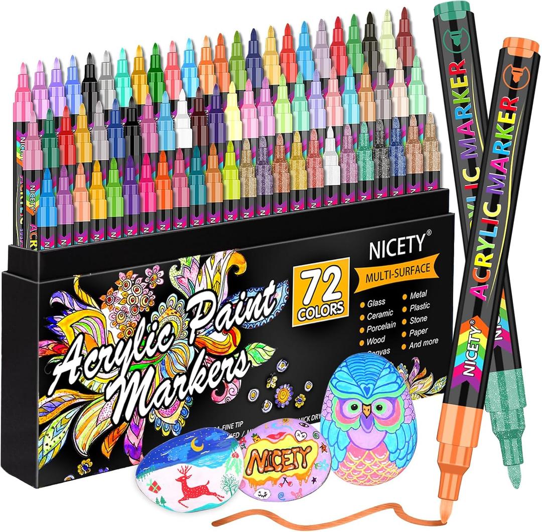 72 Colors Acrylic Paint Pens Paint Markers, Extra Fine Tip Point Acrylic Paint Pens for Rock Painting, Canvas, Wood, Ceramic, Glass, Stone, Fabric, DIY Crafts & Art Supplies