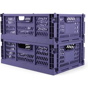 Domiella 2-Pack Crates for Storage, Storage Crates Plastic Stackable, Foldable Crate for Office Home Kitchen Bedroom Bathroom (Large, Blue) (Large: 15.7" x 11.8" x 5.9")