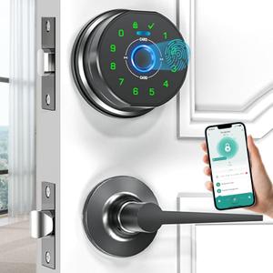 keyless Entry Door Lock deadbolt with Handle Set- Front Door Fingerprint Smart Locks with 2 Lever Handles-Keypad Code Deadbolt -App Control,Auto Lock, Easy to Install (K10 black)