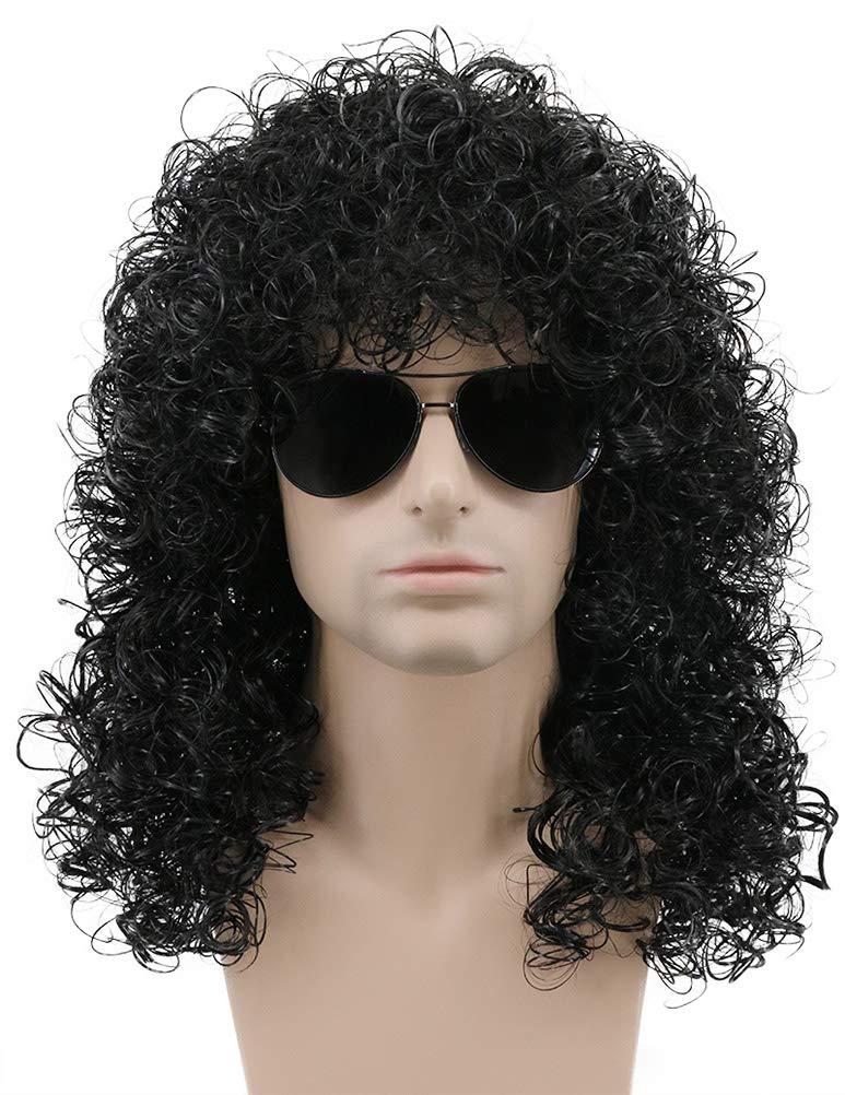 karlery 70s 80s Mens Long Curly Black Wig Afro Punk Rocker Halloween Party Costume Wig