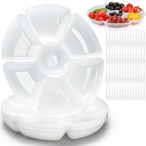 Zhehao 6 Pcs Plastic Divided Serving Trays with 60 Pcs Disposable Fork, 7 Compartments Round Chip Dip Plate, Petal Shape Platter, 10.6'' Snacks Serving Dish for Party Candy Nuts Fruits (White)