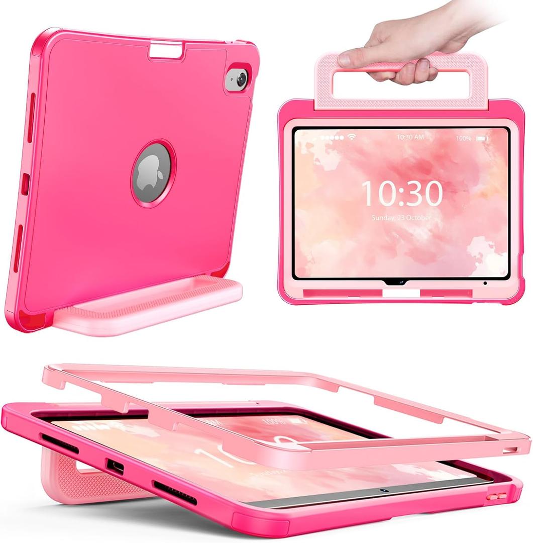 INFILAND Kids Case for iPad A16 11 Inch 2025 (11th Gen), iPad 10th Generation (10.9 Inch 2022), Durable Shockproof Stand Protective Cover with Pencil Holder/Handle (Magenta-Pink)
