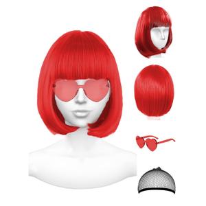 Red Wig and Party Sunglasses, Wig for Women, Short Bob Wigs with Bangs, Bright Red Wig with Neon Glasses Red Wig for Women (Red)