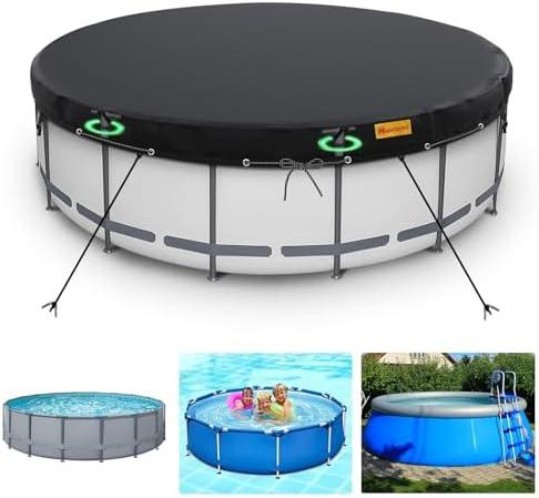 HIGHTQURO 15Ft Round Pool Cover,Heavy Duty Waterproof Round Pool Covers for Above Ground Pools with Ground Nails and Windproof Ropes,Increase Stability&Tear-Resistant, Waterproof and Dustproof, Black