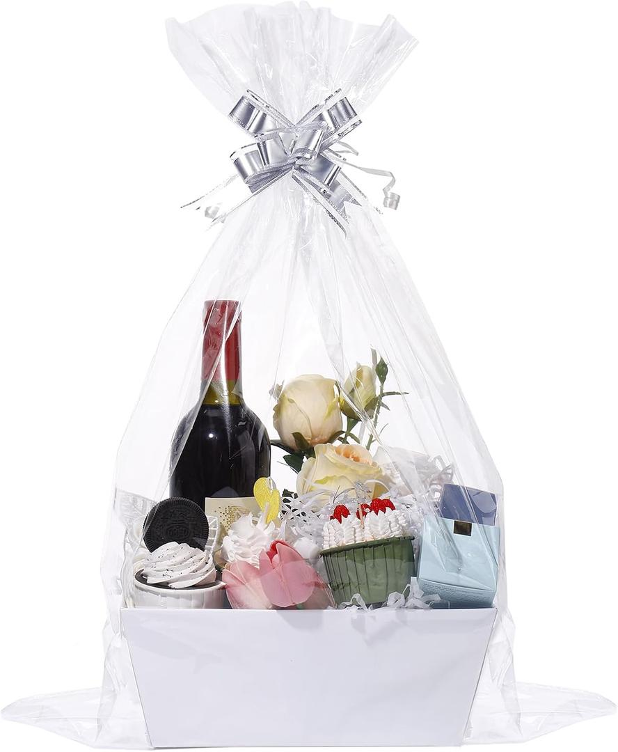 MADHOLLY 6 Set Baskets for Gifts Empty - Sturdy Kraft Gift Basket Kit with Cellophane Wrap and Pull Bows for Easter, Wedding, Baby Shower, Mother's Day, Birthday Gift Wrapping, White