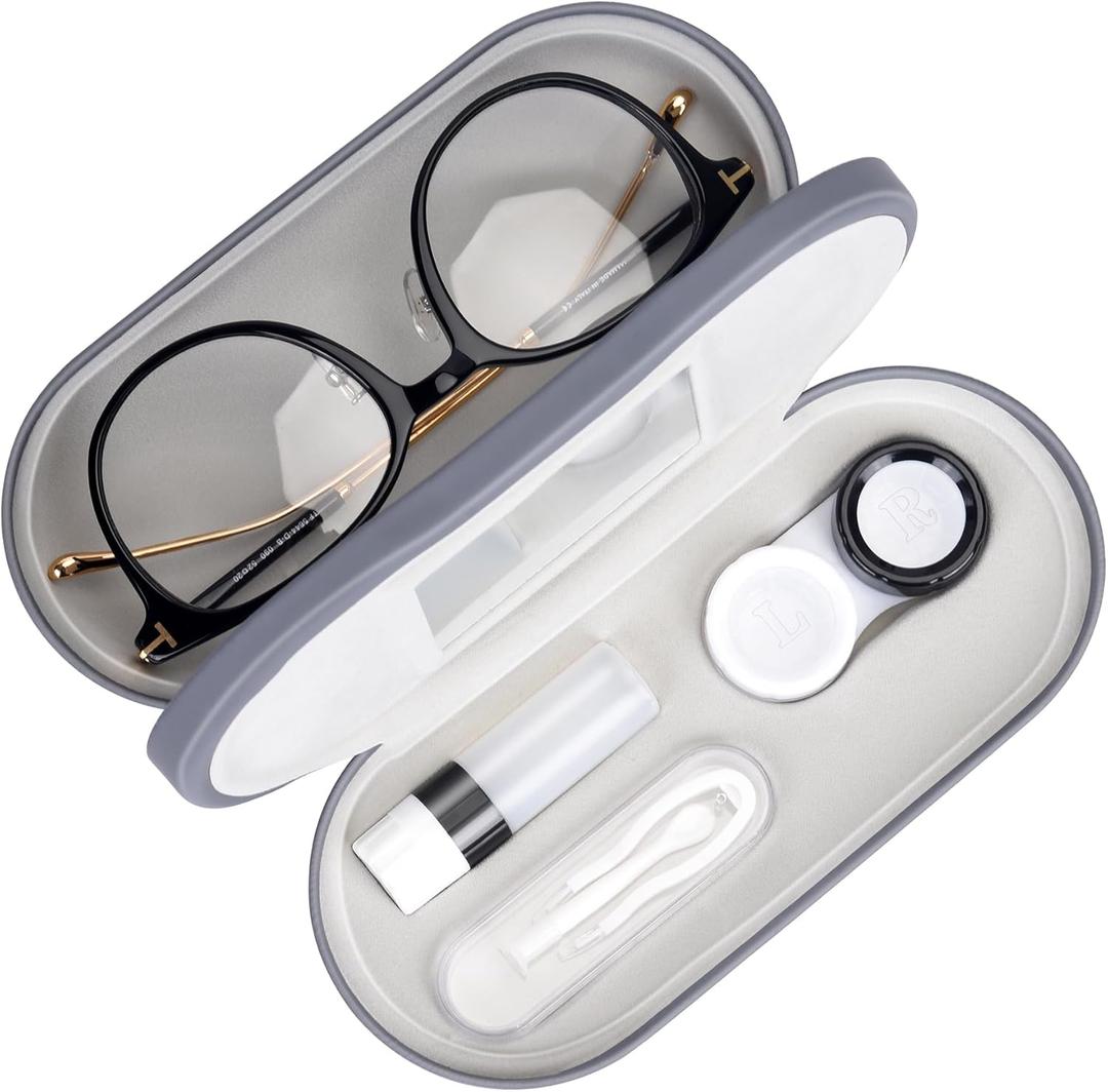 Muf 2 in 1 Contact Lens Case and Glasses Case, Double Sided Design with Mirror, Portable Travel Kit with Tweezer, Remover and Solution Bottle, Grey