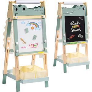 ROBOTIME Alligator Easel for Kids - 3-in-1 Adjustable Height Wooden Children Easel with Magnetic Whiteboard, Chalkboard & Paper Roll Holder, Fun Kid's Art Station for Boys & Girls Ages 3~12 Years