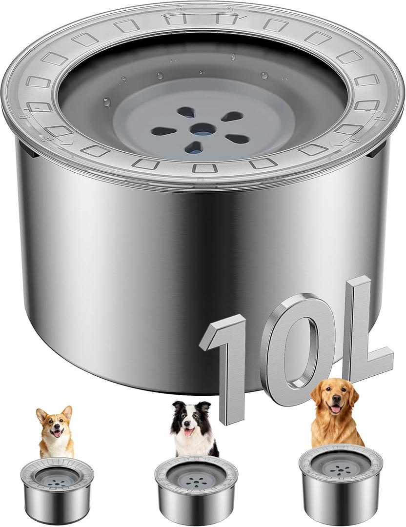 Heouvo 2.6 Gallon Large Dog Water Bowl No Spill,Anti Digging Lid & Rubber Bottom Spill Proof Dog Bowl, Anti Splash Mess Dripless Slow Drinking Stainless Steel Water for Sloppy Messy Drinkers Car