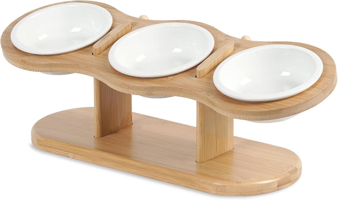 Elevated Cat Bowls, 2 Heights Adjustable Raised Dog Bowl Stand, 3 Ceramic Bowls for Cats and Small Dogs, 15 Tilted