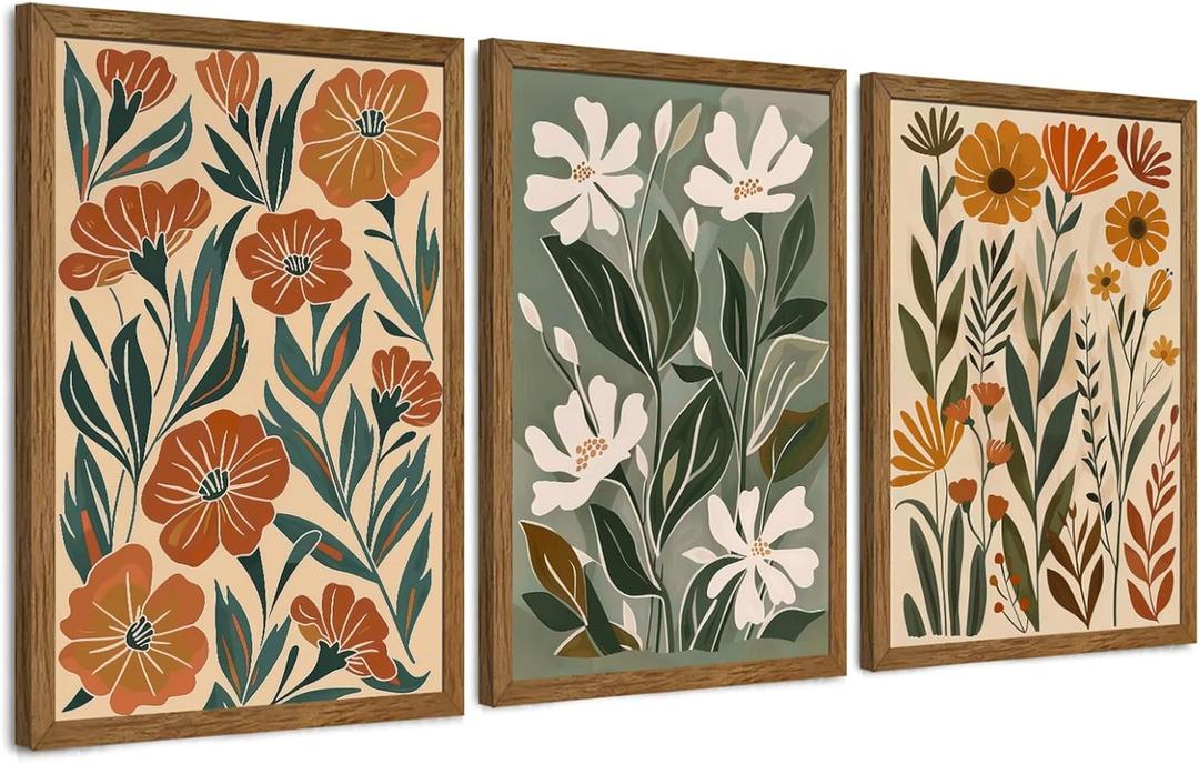 InspiredHues 3 Piece Large Abstract Boho Floral Canvas Wall Art, Green Beige Flower Market Wall Decor, Minimalist Colorful Botanica Art Prints for For Living Room Bedroom Office 20x30 Inch Wood Framed