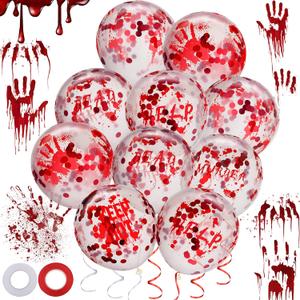 Gejoy 60 Pcs Halloween Scary Balloons Blood Splatter Balloons 12 Inch Confetti Bloody Handprint Decorations with 2 Rolls Ribbon for Halloween Party Favor Haunted House Party Supplies, 6 Styles