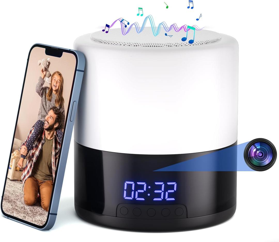 Security Camera with Bluetooth Speaker and Night Light  160 Rotating Camera, 1080P Indoor WiFi Camera for Home Security, Motion Detection, App Control, Local & Cloud Storage (White)