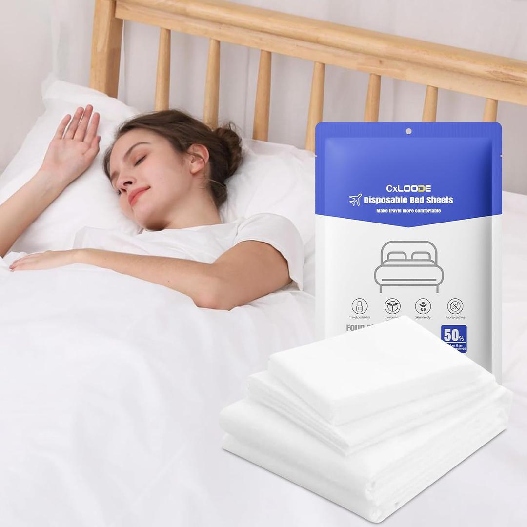 4 PCS Disposable Bed Sheet Queen Size, Travel Sheet for Hotel, Disposable Sheet for Travel Bedding Cover Portable Sheet with 1 Quilt Cover, 1 Sheet and 2 Pillowcase for Travel Business Trip Spa Hotel