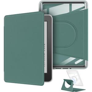 360 Degree Rotating Case for 6.8" Kindle Paperwhite (11th Generation-2021 Release), Detachable Magnetic Design Protective Adjustable Stand Cover Clear Back with Auto Sleep/Wake, Dark Green