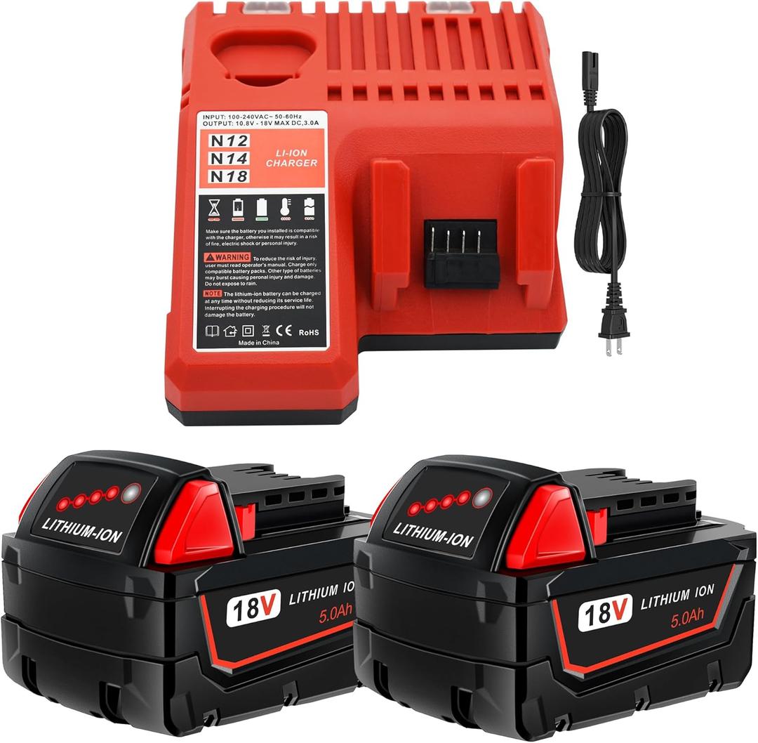 2 Pack 5.0Ah 18V Batteries and Charger Replace for Milwaukee M18 Battery 48-11-1850, Compatible with m18 Milwaukee Battery Charger Combo 48-11-1860 48-11-1815 48-11-1820 48-11-1828