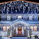 Icicle lights Outdoor - 33ft Christmas Lights with 400LED 75 Drops 8 Modes, Plug in Curtain String Lights Waterproof for Holiday Wedding Party Home Garden Bedroom Indoor Outdoor Decoration, Cool White