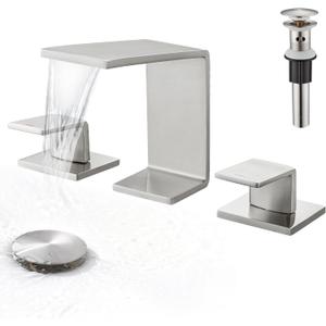 Brushed Nickel Waterfall Bathroom Faucet - Bathroom Faucets for Sink 3 Hole, 8 Inch Widespread Bathroom Sink Faucet 2 Handles, PerPaiMe Stainless Steel Vanity Faucet with Pop-up Drain & Supply Lines