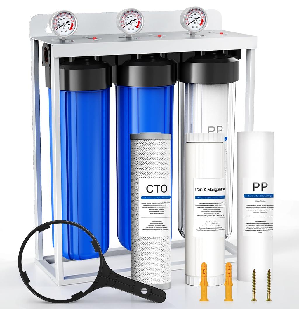Whole House Water Filter System,Reduce Scale Chlorine,3 Stage Water Purifier,Top-Tier Sediment & Carbon Filter with FOF Technology Filter Out 99% Vocs,Metal,Soften Water,Healthier Skin,20x4.5Inch