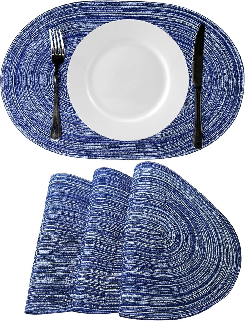 WAZAIGUR Oval Placemats Cotton Vinyl Woven Cute Heat-Insulated Washable Dining Kitchen Table Place Mats Set of 4, Blue and White