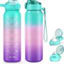 32oz Insulated Water Bottle with handle BPA Free, 316 Stainless Steel Water Bottles 1000ml with Time Marker Double Walled, 1000ml Metal Water Flask Jug for Hiking, Biking, Running (GREEN PINK PURPLE)
