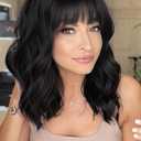 AISI HAIR Bob Curly Wig Synthetic Short Black Wig with Bangs Natural Looking Heat Resistant Fiber Hair for Women