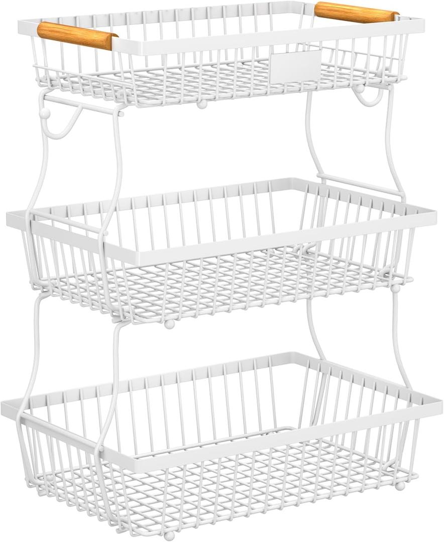 3 Tier Fruit Basket for Kitchen Counter with 2 Banana Hangers, Countertop Metal Fruit Bowl with Wooden Handle, Large Storage Stand for Vegetables, Snacks, Breads, Produce Storage – White