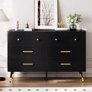 DWVO 6 Drawer Dresser, 47.2" Wide Black Wooden Drawers Storage Dresser with Golden Metal Handle  Anti-Tipping Device, Modern Double Chest of Drawers for Bedroom,Hallway, Entryway, Living Room