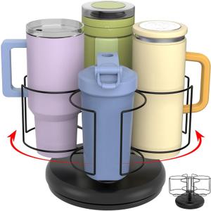 Stanley Cup Organizer Holder for 20-40 oz Tumblers, Rotating Wood Base Tumbler Holder with Bottom Bracket, Heavy-Duty Water Bottle Storage Rack for Kitchen Cabinet (4 Slots, Black)