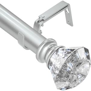 Silver Curtain Rods 66 to 120 Inch(5.5-10 ft), Modern Decorative Heavy Duty Adjustable Curtain Rod for Windows, Single curtain Rod with Silver Translucent Diamond finials, 36-120"