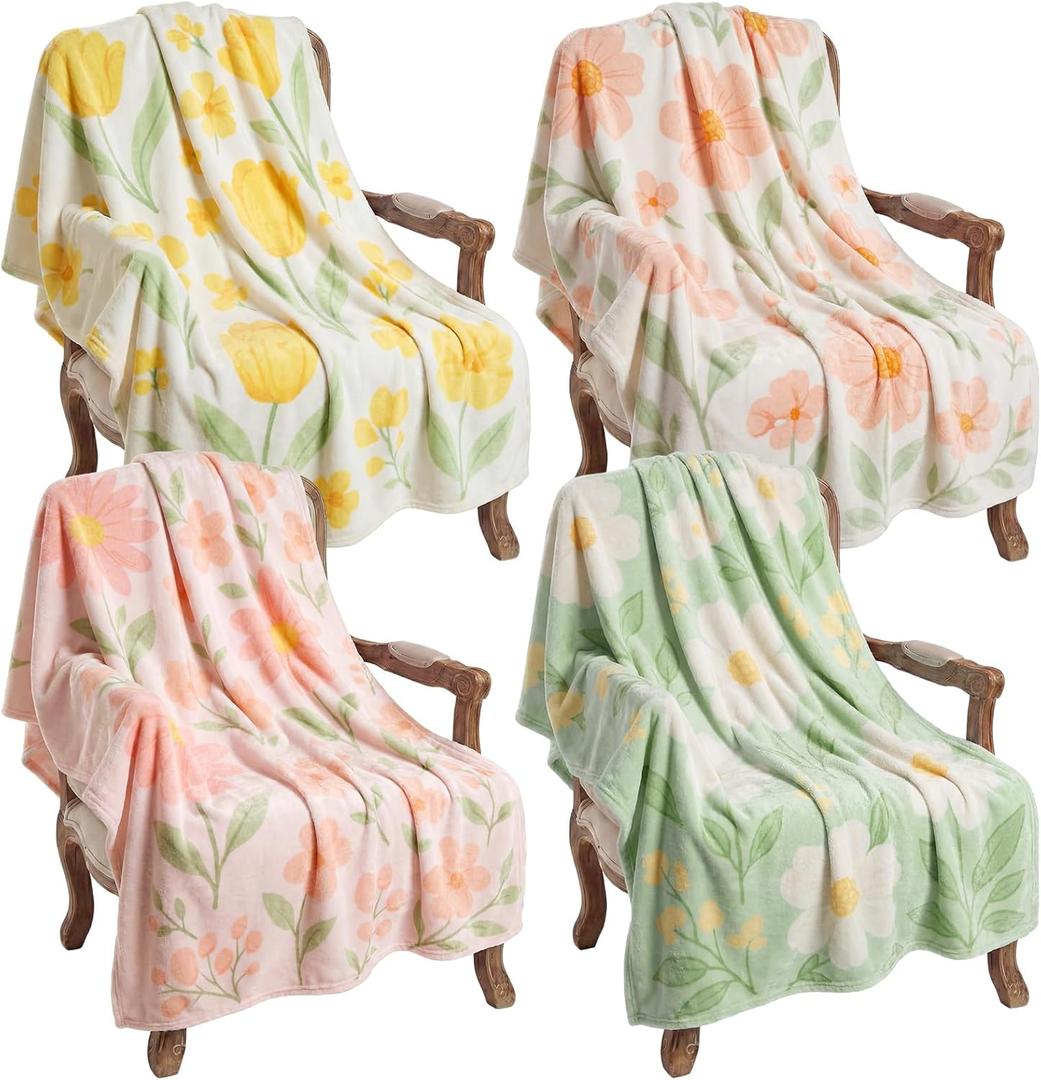 Buryeah 4 Pcs Spring Floral Throw Blankets Flower Flannel Throws Soft Cozy Lightweight Decorative Blankets for Couch Sofa Home Decor Spring Gifts, 40 x 50 Inch