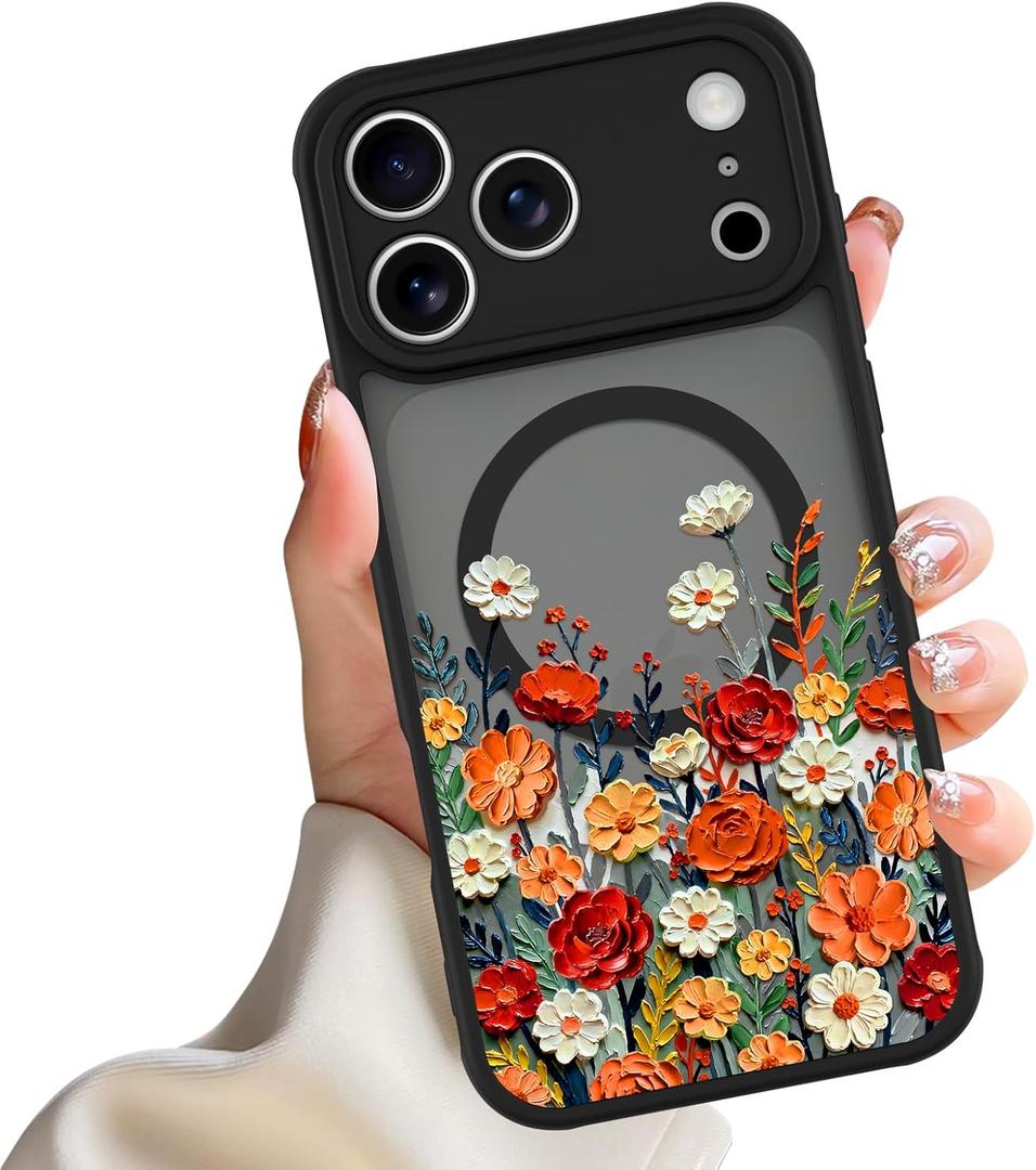 Magnetic Case for iPhone 17 Pro Max, Compatible with MagSafe,Cute Colorful Floral Pattern for Women Girls, Aesthetic Soft Slim Girly Pattern Phone Case Full Protection TPU, Black