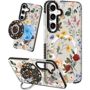 Cute Case for Samsung Galaxy S25 Plus for Women Girls - Funny Retro Flower Design Compatible with Magsafe Magnetic Ring Holder Kickstand Fashion TPU Phone Covers