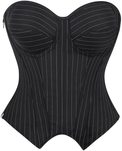 SHYMMUO Women Black Corset Top Elegant Strapless Bustier Tops Lace Up Sexy Office Lady Cosplay Costume Secretary Outfit, Size M