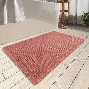 AMOAMI Upgraded Waffle Bath Mat, Super Absorbent Non Slip Bath Mats for Bathroom Floor, Machine Washable Bathroom Rugs with Tassels, Rubber Backed Bathroom Mats, Ultra Soft, 18" x 30", Coral (1'6" x 2'6" (Rectangular))