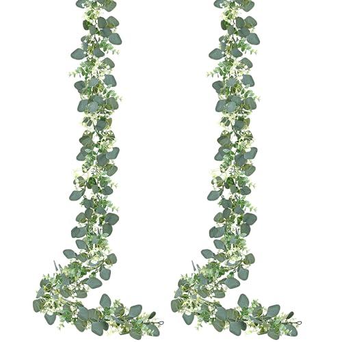Sggvecsy 2 Pack Artificial Eucalyptus Garland Eucalyptus Leaves Vines Greenery Garland Faux Silver Dollar Eucalyptus Leaves for Table Party Wedding Indoor Outdoor Home Mantle Wall Decor