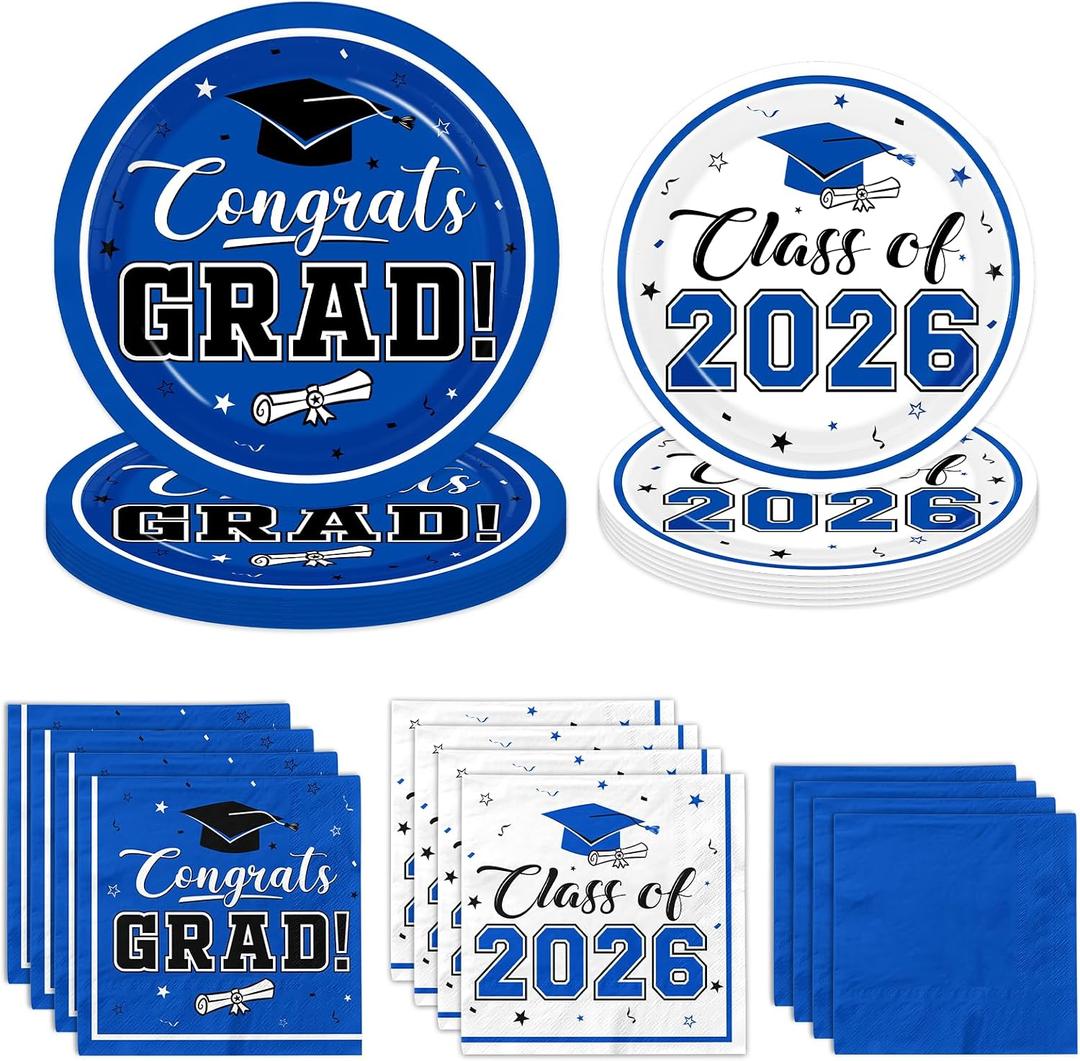 Graduation Party Plates and Napkins Blue Class of 2026 Grad Congrats Party Supplies Disposable Dessert Paper Plates Cocktail Napkins forGraduation Party Decorations,Serve 50