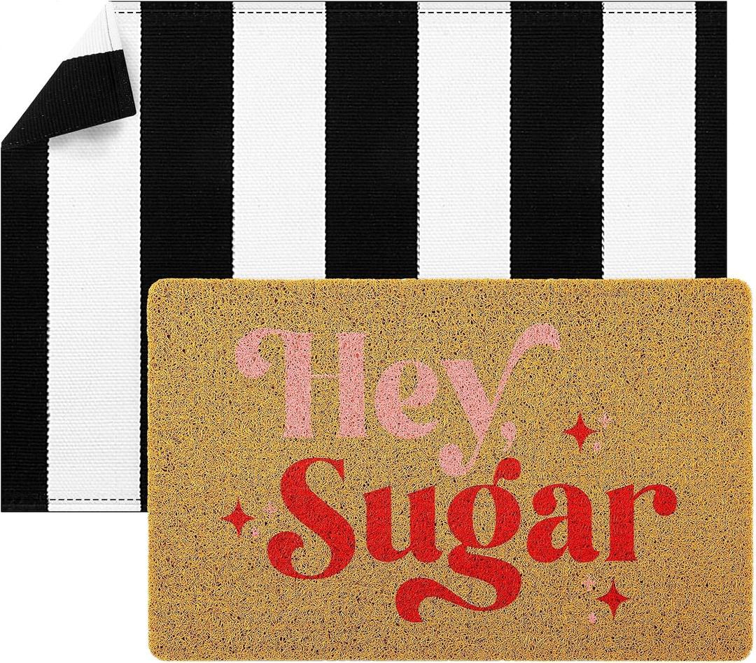 Duraaamo Set of 2 Hey Sugar Doormat Valentines Day Welcome Door Mat Black and White Striped Doormat with Non Slip Rubber Backing Rug for Home Bathroom Kitchen Entrance Front Door