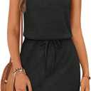 MEROKEETY Women's Summer Mini Sundress Casual Waffle Knit Square Neck Drawstring Beach Tank Dresses (X-Large, Black)