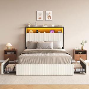 Upholstered Queen LED Bed Frame with 2 Storage Drawers and Charging Station, Corduroy Platform Bed with 3-Tier Storage Bookcase Headboard, Heavy Duty Metal Support, No Box Spring Needed - Beige