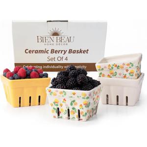 BIEN BEAU Ceramic Berry Basket, Farmhouse Colander, Farmers Market square Bowl. Rustic Kitchen decor fruit bowls, Fruit Baskets, Yellow, White and floral pattern Stoneware Harvest Bowls Set of 4