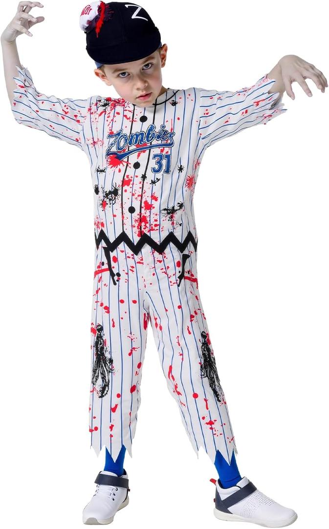 Zombie Baseball Player Costumes for Boys Halloween Costumes for Kid, Zombie Scary Football Player Outfit (Large(10-12 yrs))