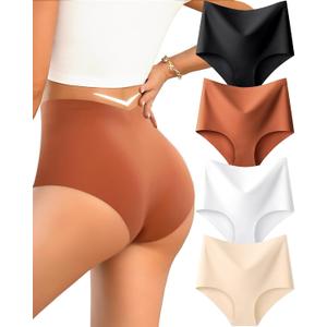 UNDER THE SEA Seamless Underwear for Women High Waisted V-shaped Back Briefs Soft No Show Womens Panties 4 Pack (Medium, Black+Brick Yellow+Beige+White)