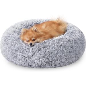 JOLLYVOGUE Calming Dog & Cat Bed for Small Dogs, Anti-Anxiety Donut Cuddler Cozy Soft Round Bed with Anti-Slip Bottom, Fluffy Faux Fur Plush Cushion Beds for Small Medium Dogs (20") (Smoke Grey)