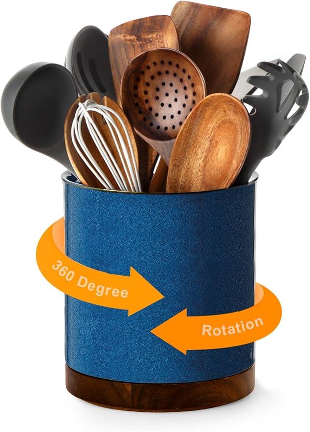 Nucookery 360°Rotating Utensil Holder, 7.2" Kitchen Utensil Crock, Ceramic Cooking Utensil Organizer with CountertopProtection Cork Bottom for Farmhouse Kitchen Decor Christmas (Royal blue)