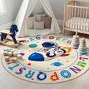 ABC Kids Alphabet Round Rug 6ft  Washable Soft Circle Nursery Rug, Non-Slip Educational Carpet with Space Astronaut Design for Classroom, Playroom & Kids Room Decor Blue