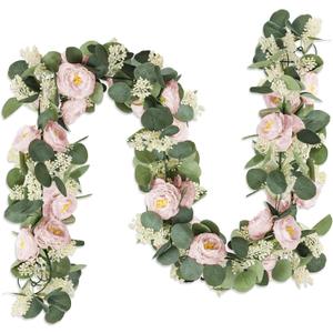 MAKHOT 2 Pcs Pink 6.6Ft Artificial Eucalyptus Flower Garland with Fake Rose Flower Vine Seeded Eucalyptus Leaves Greenery Garland for Wedding Table Backdrop Party Centerpiece Room Decor (Pink)